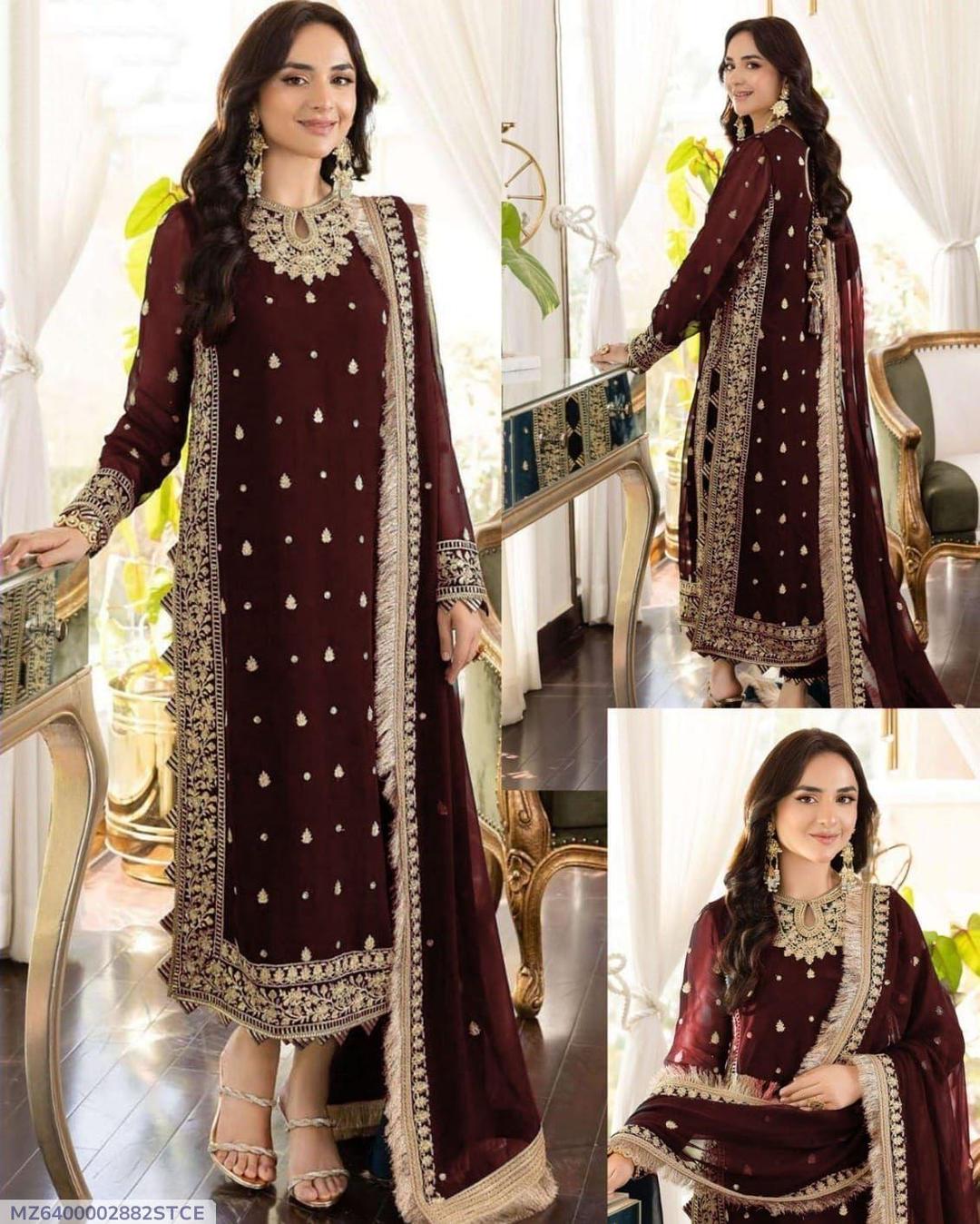 3 Pcs Woman's Unstitched Sequins Embroidered Suit