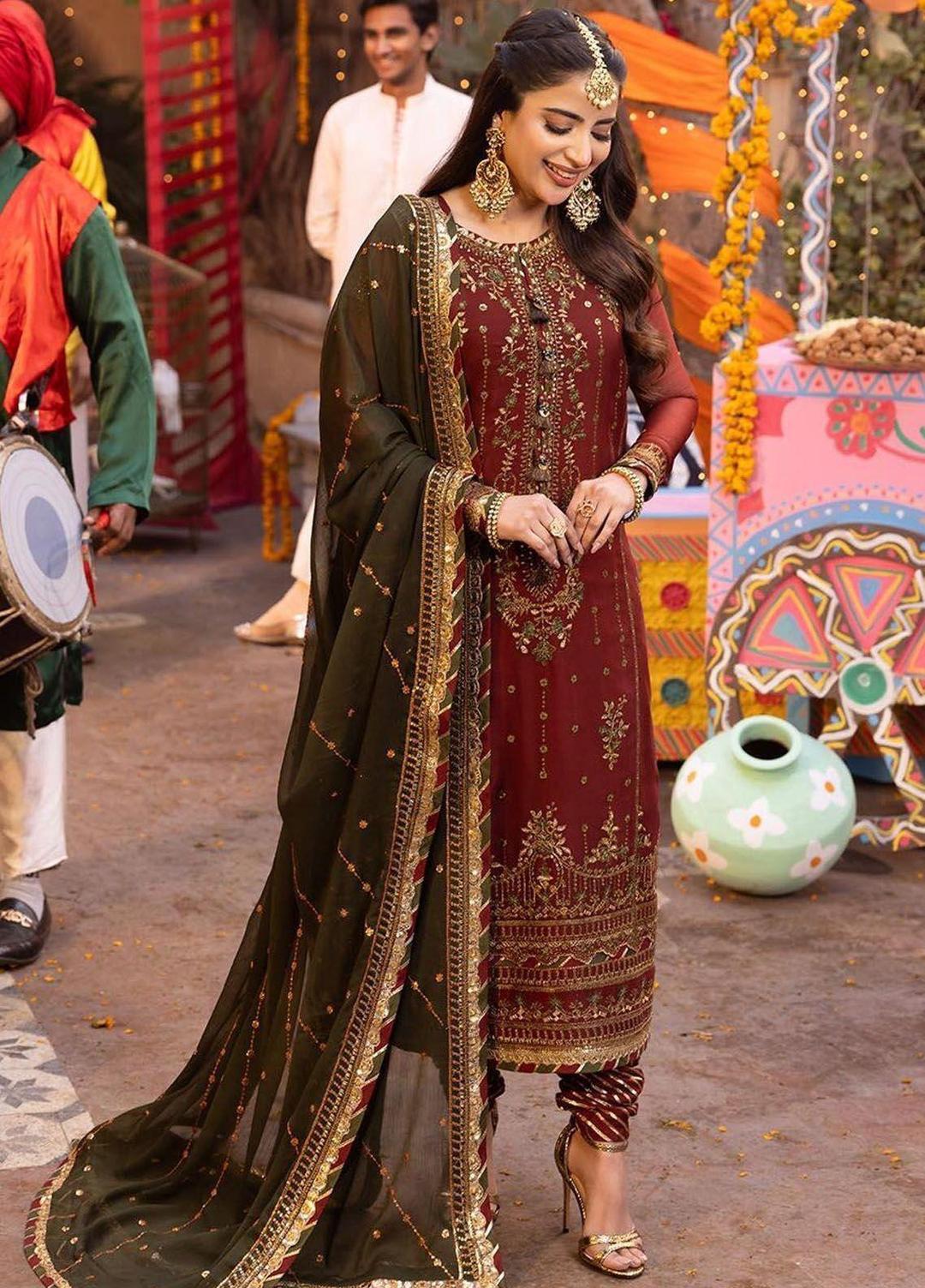 3 Pcs Woman's Unstitched Sequins Embroidered Suit