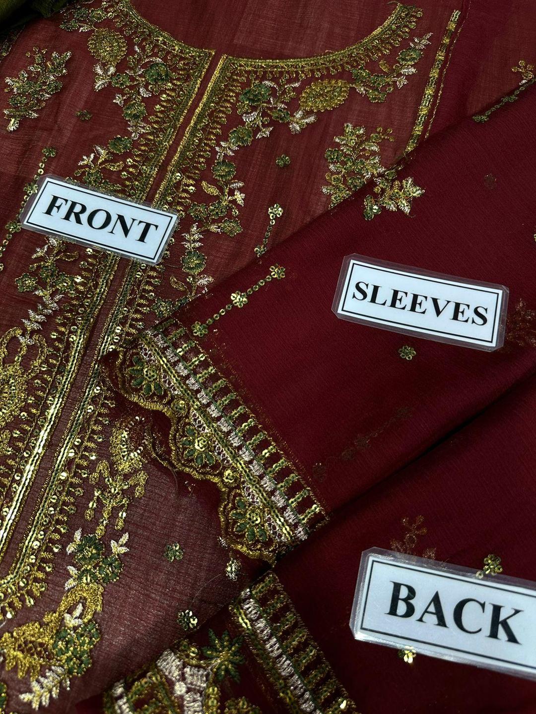3 Pcs Woman's Unstitched Sequins Embroidered Suit