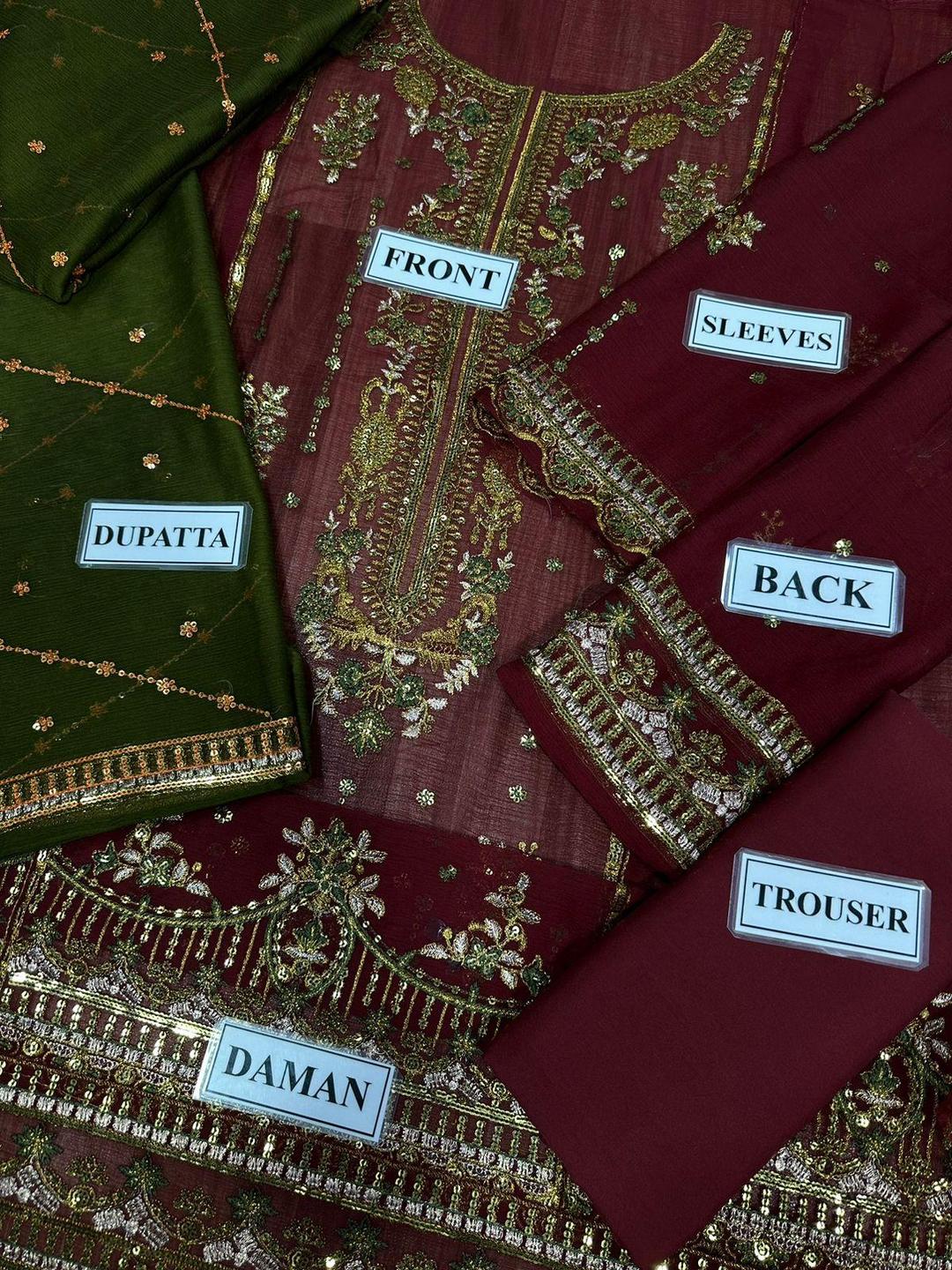 3 Pcs Woman's Unstitched Sequins Embroidered Suit