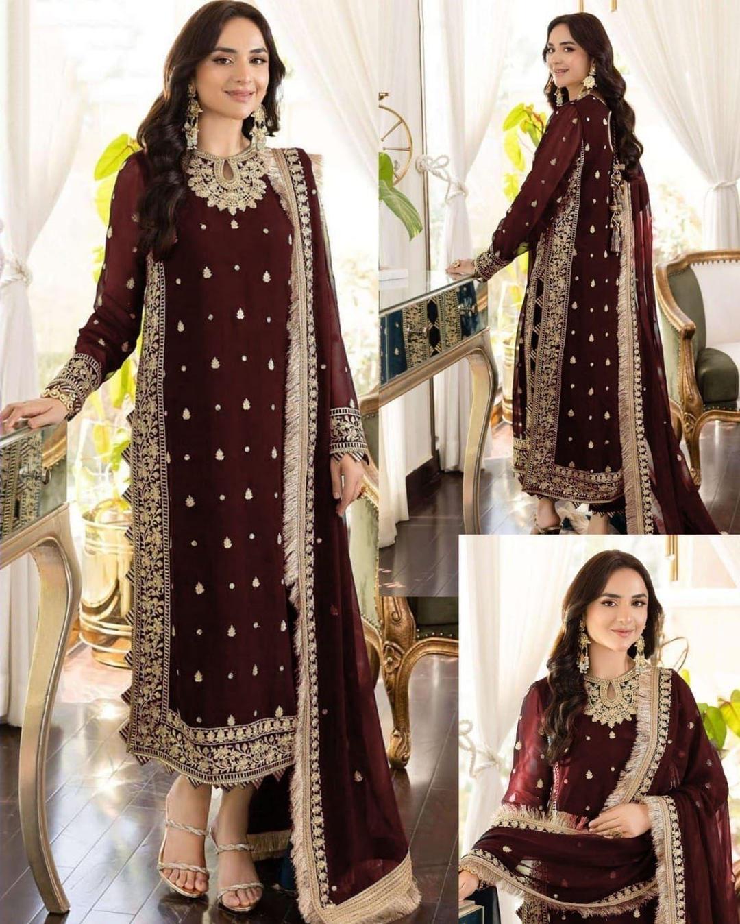 3 Pcs Woman's Unstitched Sequins Embroidered Suit